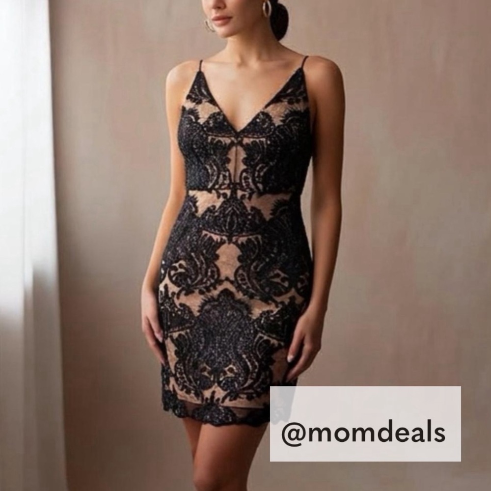 Altar’d State Black Lace Kayann Mini Dress V-Neck Sequin Nude Lining Size Small